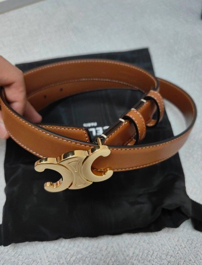 CELINE Triomphe Cowhide Belt Waist Belt Calf Leather Board Smooth Buckle For Women
