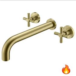 SUMERAIN Cross Double Handle Wall Mount Roman Tub Faucet with Valve in Brushed Gold