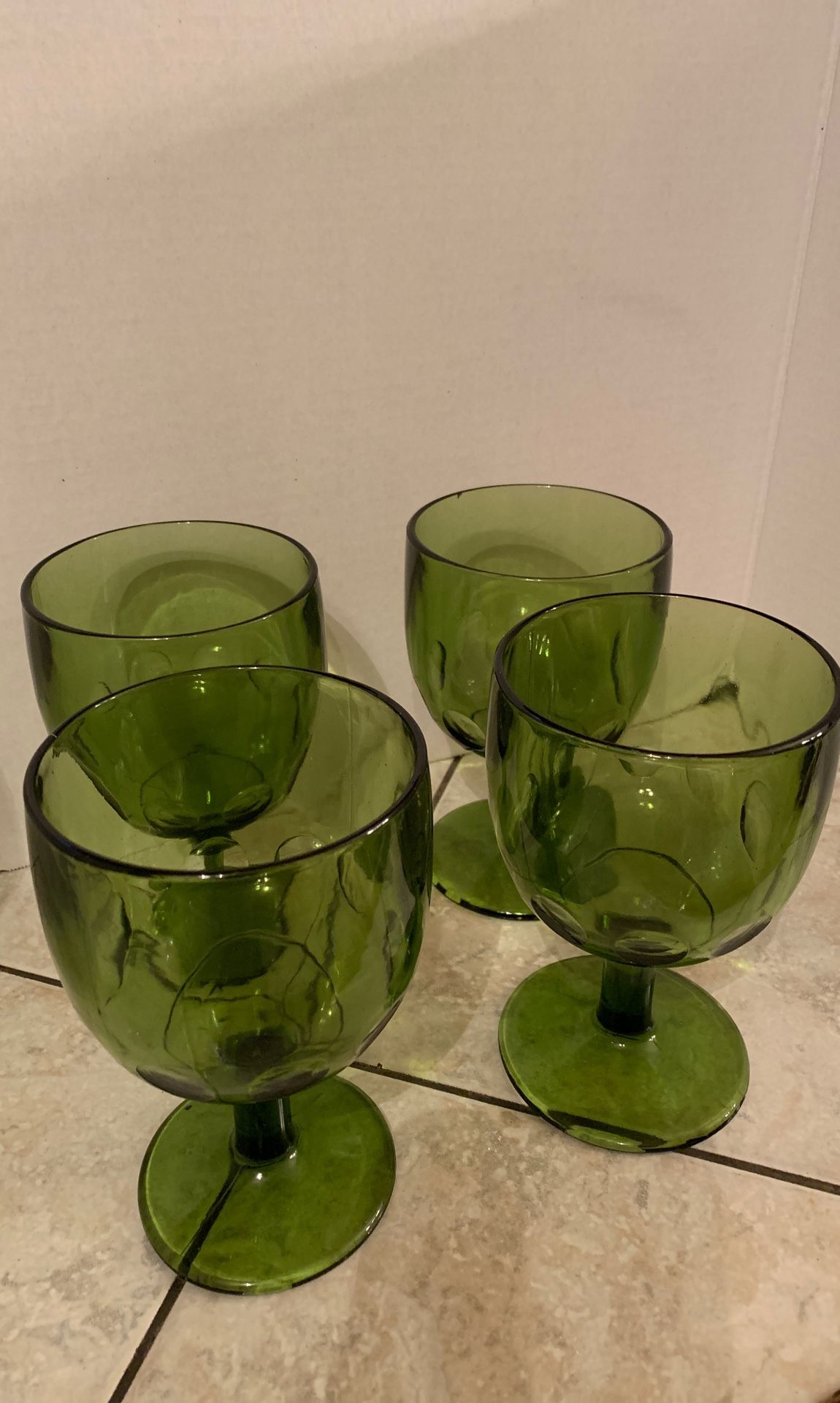 Four Vintage Pedestal Footed Green Thumbprint Glasses