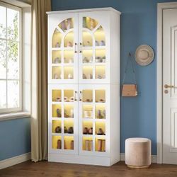 69" Storage Cabinet, Modern Bookcase with Doors and LED Lights