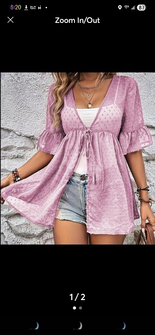 Pink Polka Dot mesh Bell Sleeve Top Blouse Plus Size 2XL