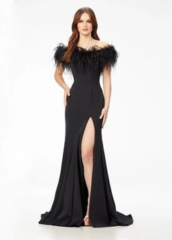 ASHLEYlauren Black Feather Off Shoulder Gown High Slit Formal Pageant sz 14