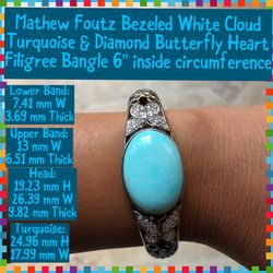 Matthew Foutz Sterling Silver White Cloud Turquoise & Diamond Cuff Bangle 6” Inside Circumference