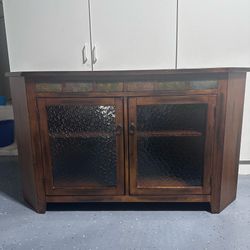 Mission style wood TV stand media console cabinet with textured glass doors Mission style wood TV stand media console cabinet with textured glass door