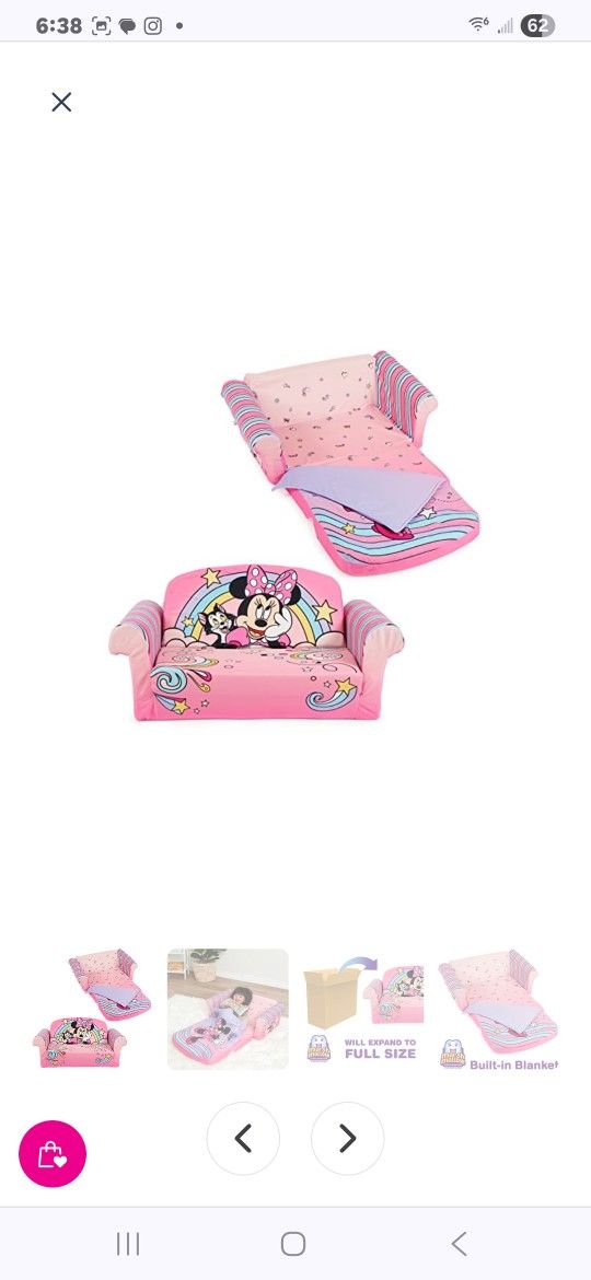 Marshmallow Furniture, Minnie Mouse 3-in-1 Slumber Sofa, Foam Toddler Nap Mat with Attached Blanket