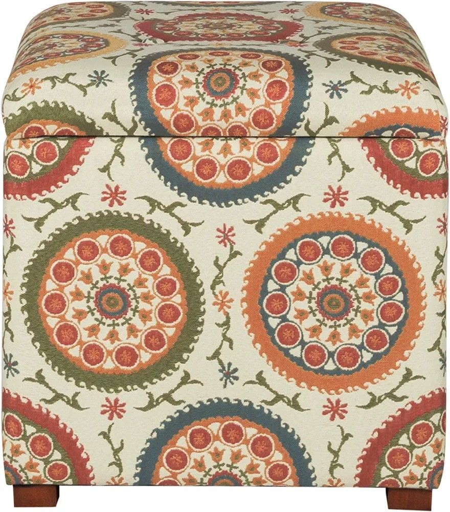 Square Storage Ottoman with Lift Off Lid | Ottoman with Storage for Living Room & Bedroom, Suzani Orange 17.50" x 17.50" x 17.50"