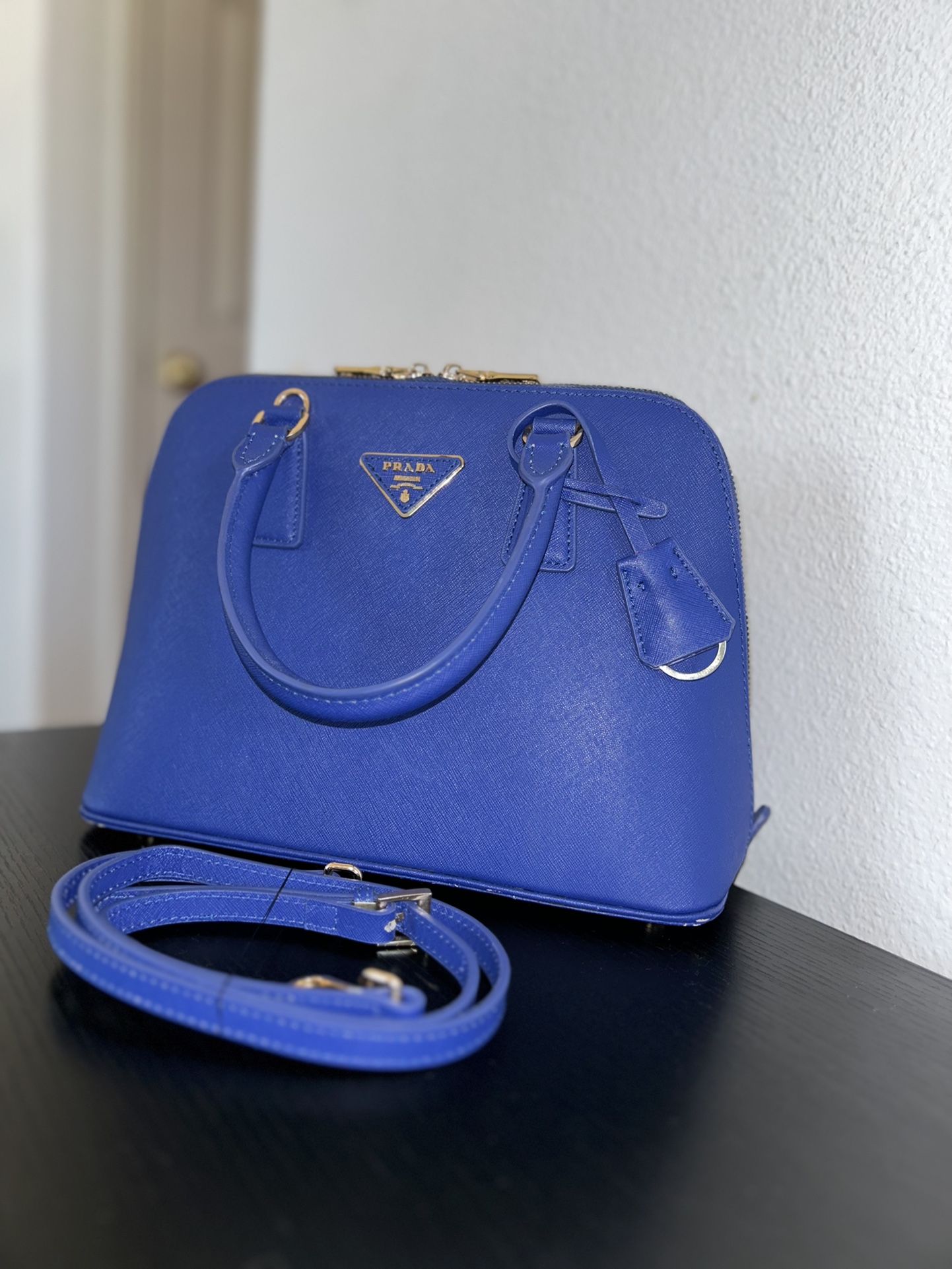 Prada Saffiano Lux Blue Satchel 