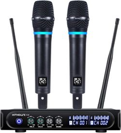S9 UHF Rechargeable Wireless Microphone System Karaoke Microphone Wireless Mic Cordless Dual with Bluetooth Receiver Box + Volume Control ECHO for Kar