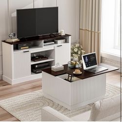 For Sale: Modern Fluted Living Room Set - TV Stand + Lift-Top Coffee Table, Brand New! Complete your living room with this matching modern set! Perfec