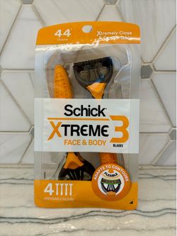 New Schick Xtreme 3 razors for face and body. Has 4 disposable razors. Flexible blades adapt to contours.