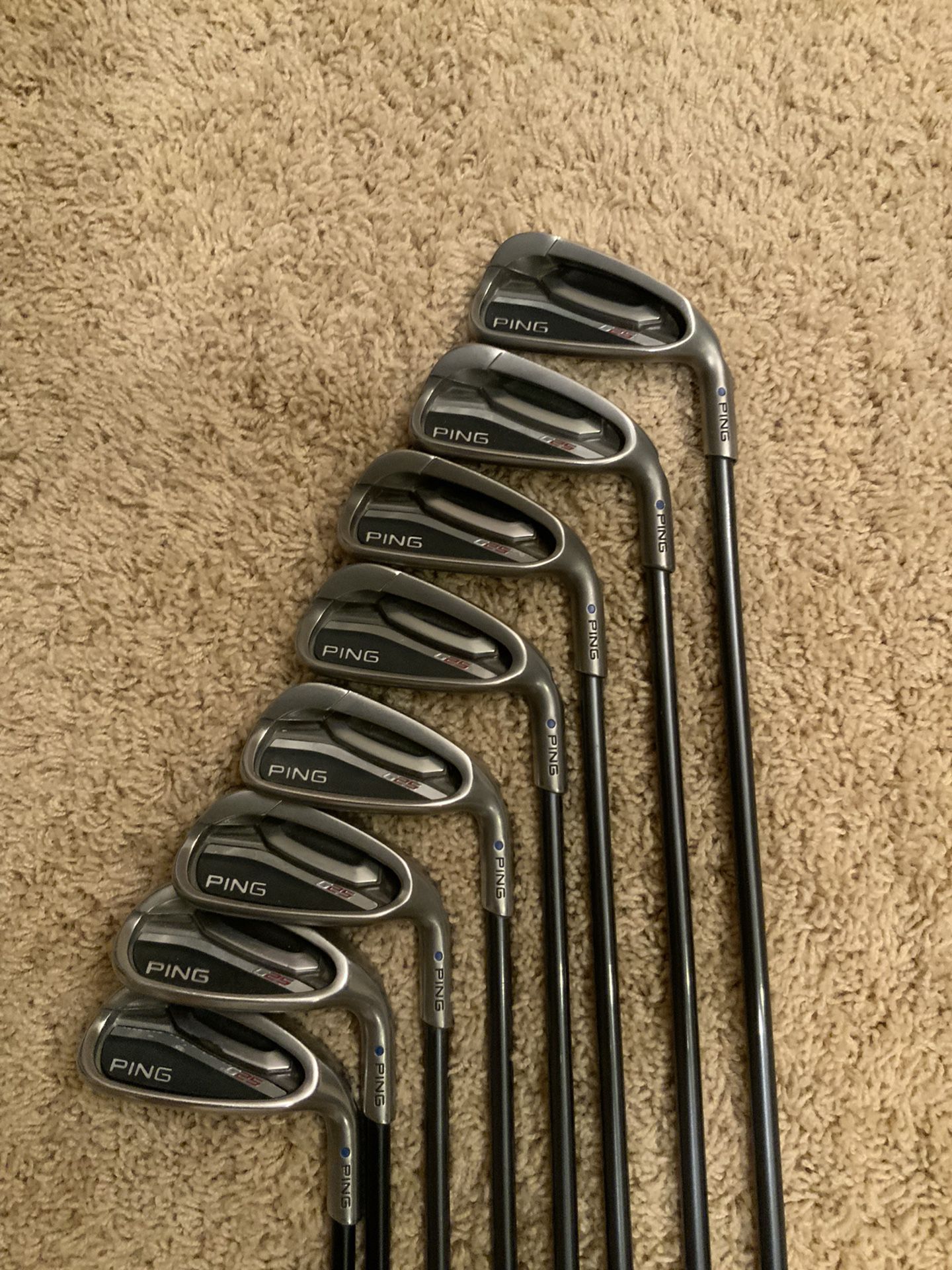 Ping G25 Irons.  Right Handed. Blue Dot, 4-9+S+U (8 Club set). Ping Graphite SR Senior Flex Shafts with Ping Grips.