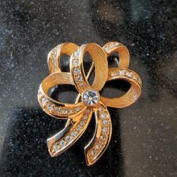 Very Heavy Gold Tone and Rhinestone Signed Brooch