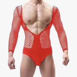 Men's Sexy Mesh Bodysuit, Long-Sleeve Fishnet One-Piece Thong, See-Through Sissy Lingerie, Erotic Nightwear for Men