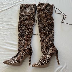 Size 6 womens leopard print stiletto over-the-knee boots