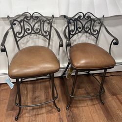 Set of 2 Ethan Allen Swivel Stools Pewter steel with camel leather