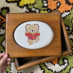 Vintage 80’s Needlepoint Teddy Bear On Wood Trinket Box 