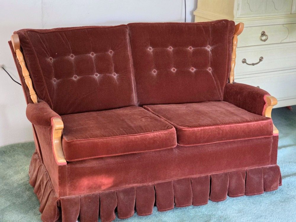 Vintage 1970s Danish Highback Chairs & Loveseat Set – Cherry Red Velour & Ash Wood