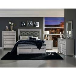 Brand New Silver Modern Queen Bedframe + Dresser + Mirror + Nightstand 4PCs Queen Bedroom Set