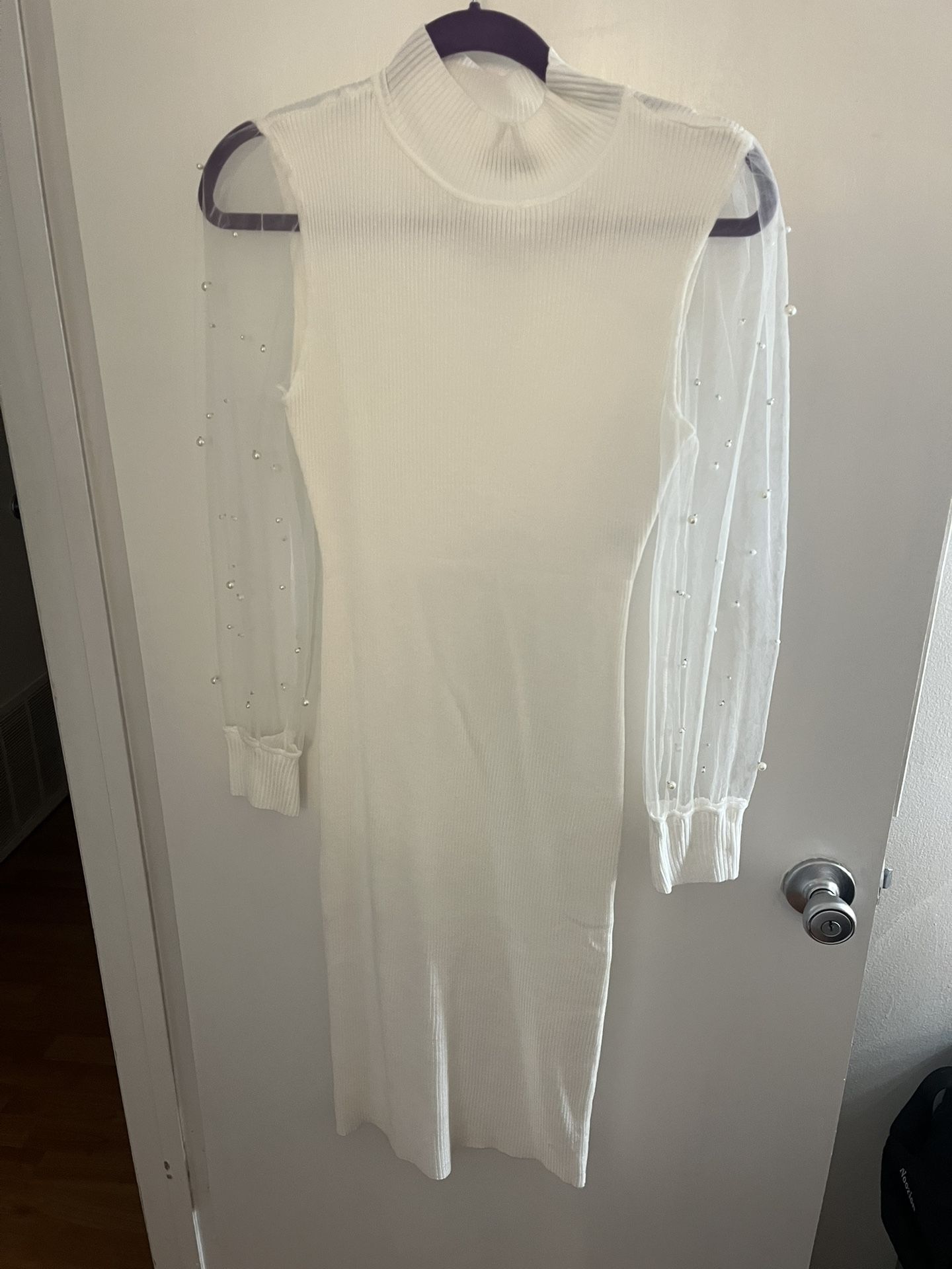 White Dress w Pearl Mesh Sleeves - Adult Size Large
