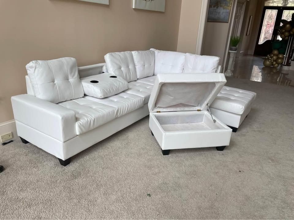 Brand New White Leather L Shape Sectional Sofa With Cup Holders & Storage Ottoman | Pay After Delivery 🚚