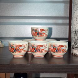 Vintage Kutani Japanese Sake Tea Cup Yunomi Signed Ware Sencha Pottery Set Of 7