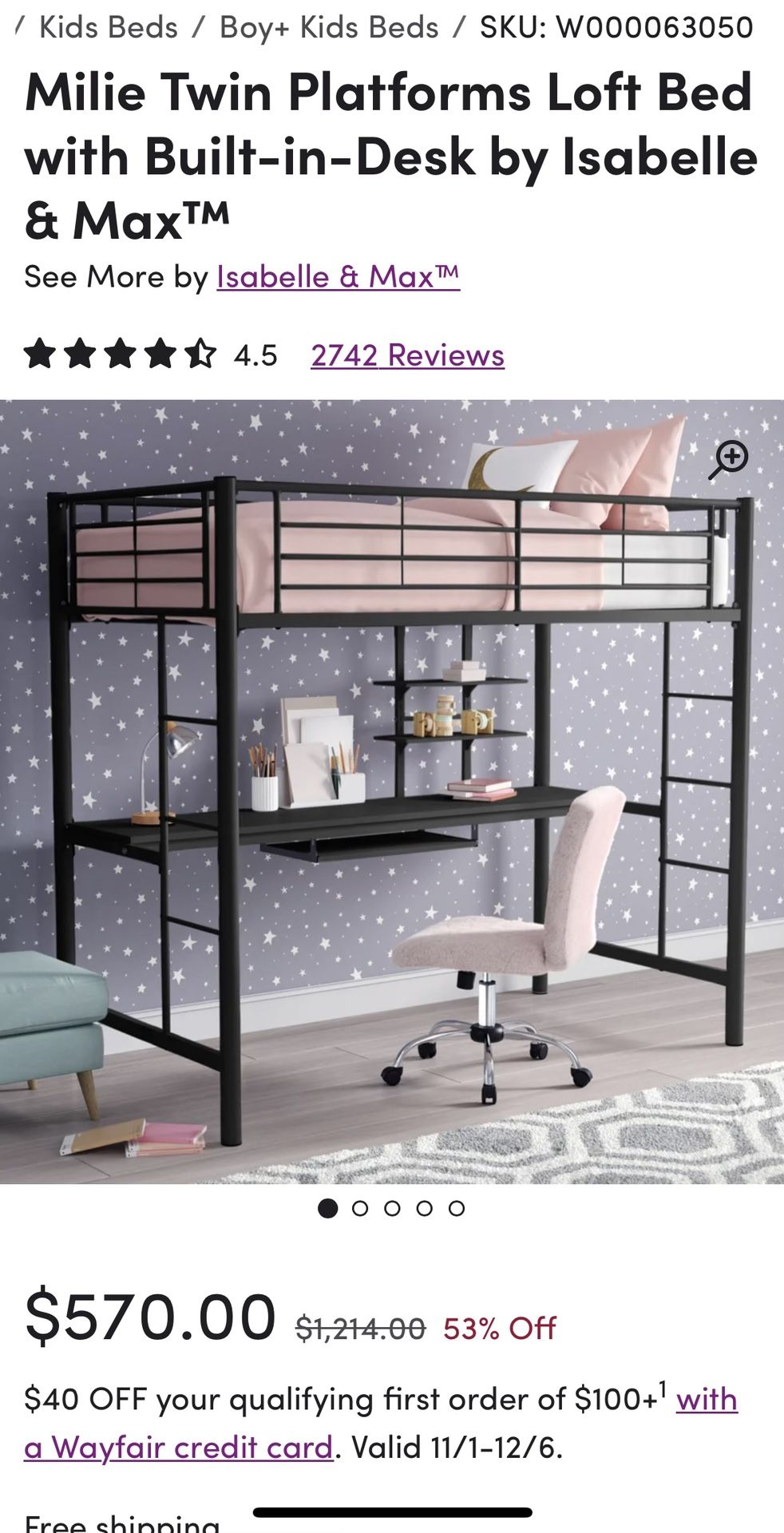 Milie Twin platform Loft Bed with Built In Desk By Isabelle & Max for