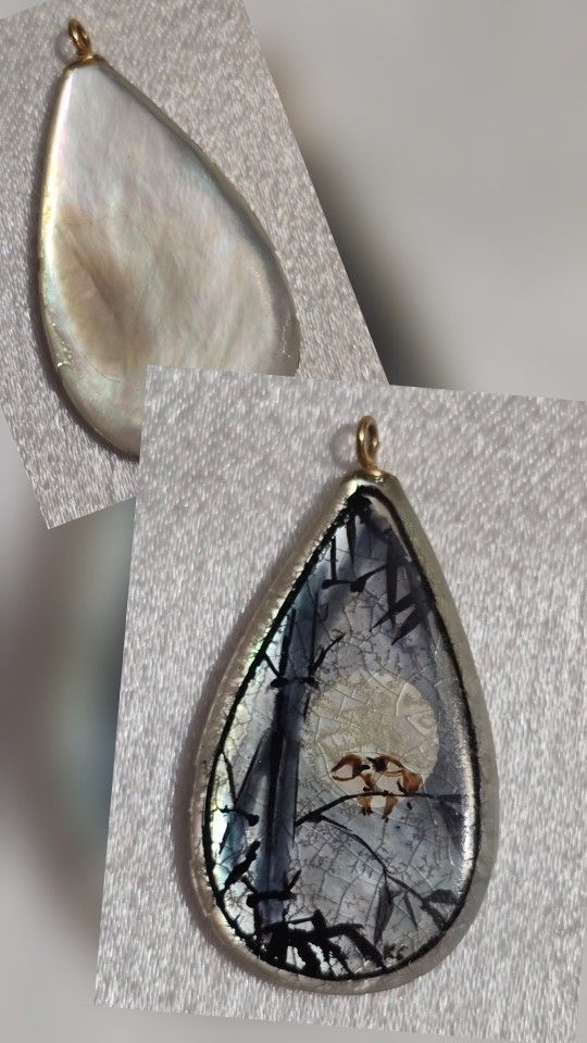Vintage Persian Hand Painted Mother of Pearl One Side Birds Pendant 1" Teardrop