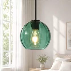 Rayhome 1-Light Green Pendant Light with Ribbing Glass Shade for Kitchen Island, Dining Room