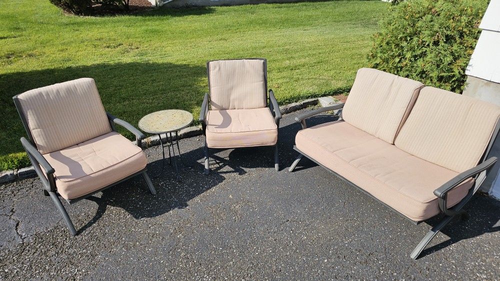 Patio Furniture - Two Chairs, Loveseat, And Table.
