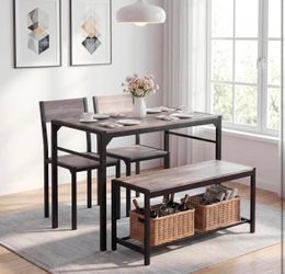 Dining Table Set for 4 with Bench, 4 Pieces Kitchen Table and Chairs, Space-Saving Dinner Table for Kitchen, Dining Room, Apartment, Extra Storage, St