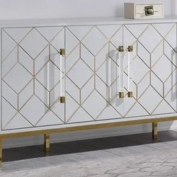 VINTAGE ART DECO VIBE GLAM WHITE GOLD SIDEBOARD CREDENZA CONSOLE TABLE CABINET - GABETA