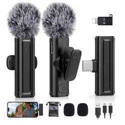 Wireless Mini Microphone for iPhone, iPad, Android Phone, 2 Pack Lavalier Mic with 360° Rotatable Clip, Plug and Play Noise Reduction USB-C Lapel Mic 