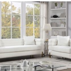 Brand New White & Gold Modern Style Sofa & Loveseat (Pillows Included)