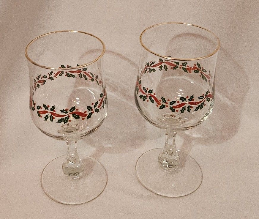 Vintage 3 Holly & Berries Gold Rim By Libbey Glass Company Barware Glasses