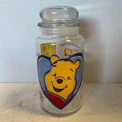 Vintage Disney Winnie the Pooh Glass Jar Cannister with Lid Anchor Hocking 