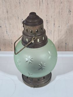 vintage brass and frosted green glass candle lantern