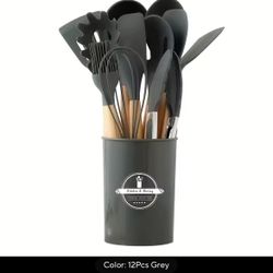 12Pcs Silicone Kitchen Utensils Cooking Wooden Handle Non Stick Pot Kitchenware Set Storage Bucket Silicone Kitchen Utensils