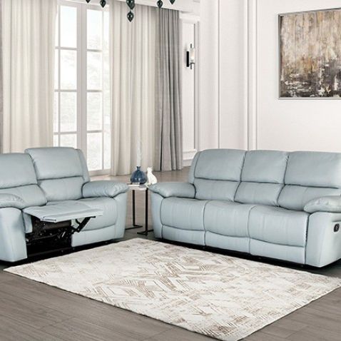 Brand New Power Blue Leather Reclining Sofa & Loveseat 