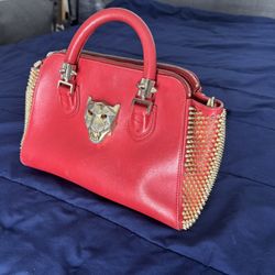 Red Phillip Plein Leather Handbag 