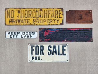 Vintage Lot of 5 Embossed Metal Signs Garage Mancave Signage Yard Art