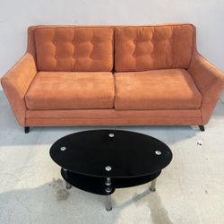 Beautiful Fabric Orange Coral Peach Sofa Couch Sectional 3 Seater Living Room Set With Black Glass Middle Coffee Center Piece Table Modern Contemporar