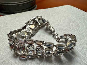 Vintage Silver-Tone Emerald Cut Clear Rhinestone Bracelet