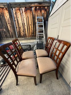 Set of 4 Dark Wood Dining Chairs with Lattice Backs and Beige Upholstered Seats AS IS
