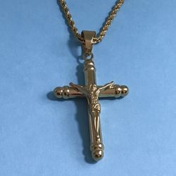 Men’s Gold On Stainless Steel Crucifix Pendant On Rope Chain *Pickup Boca Raton Or Ship Nationwide