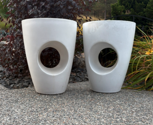 Pair of White Concrete Outdoor Side Tables / Accent Stools – Safavieh Style with Cutouts