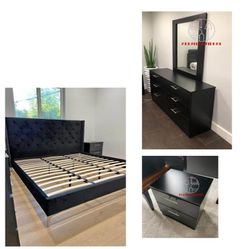 NEW Velvet Queen Platform Bed. Mirror Dresser And 1 Nightstand.  4 PIECES.  SET ALSO SOLD SEPARATELY 