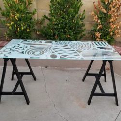 IKEA Glass Top Desk Table With Saw Horse Base 