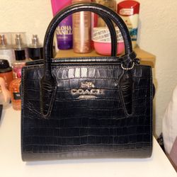 Coach Andrea Croc Embossed, black cornflower leather carryall top handle bag. 