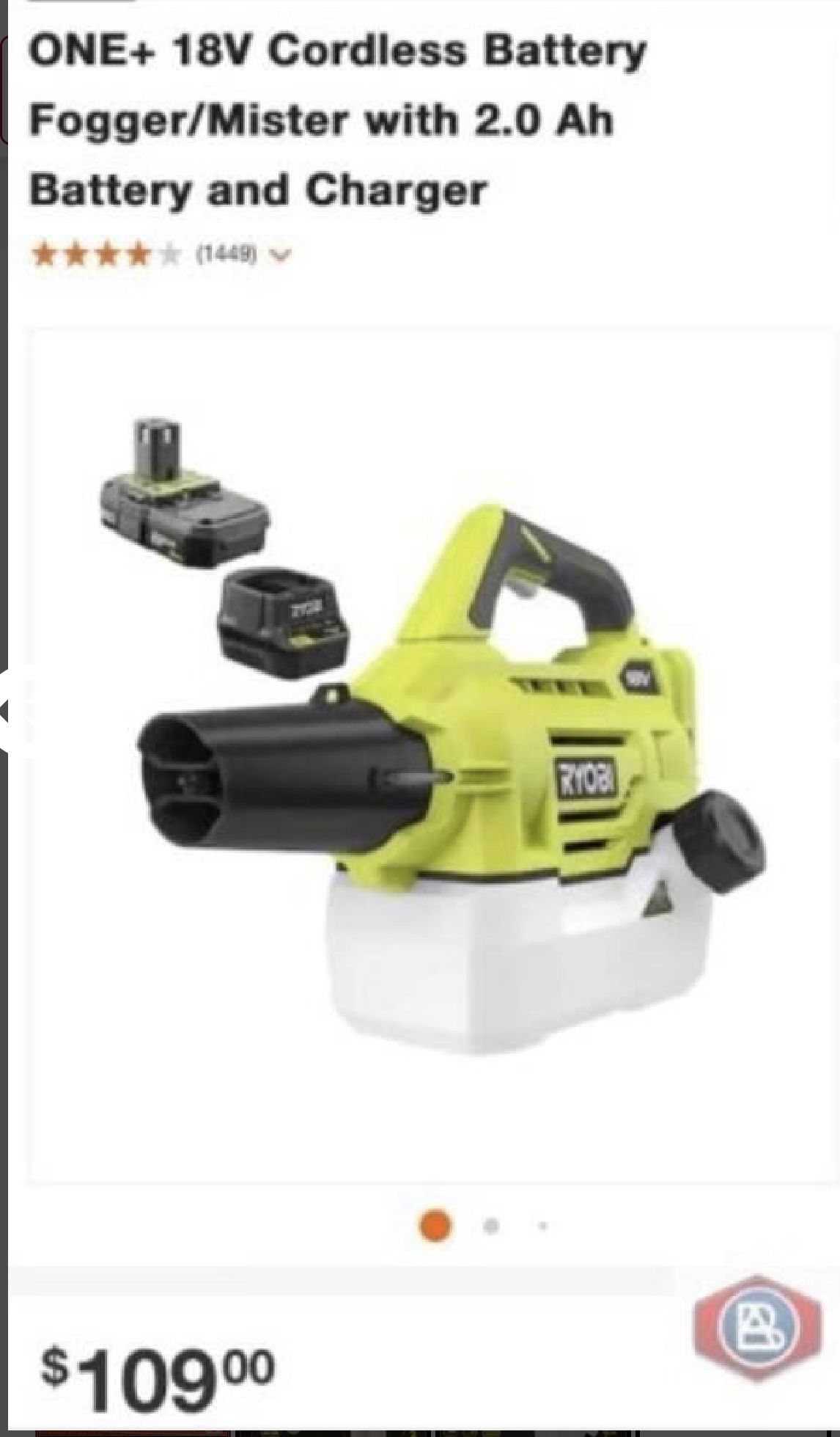 RYOBI ONE+ 18-Volt Lithium-Ion Cordless Mister with 2.0 Ah Battery and Charger Included