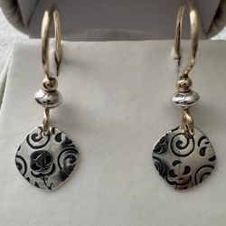 Sterling Silver Vermeil & Silver Tone Etched Dainty Dangle Earrings